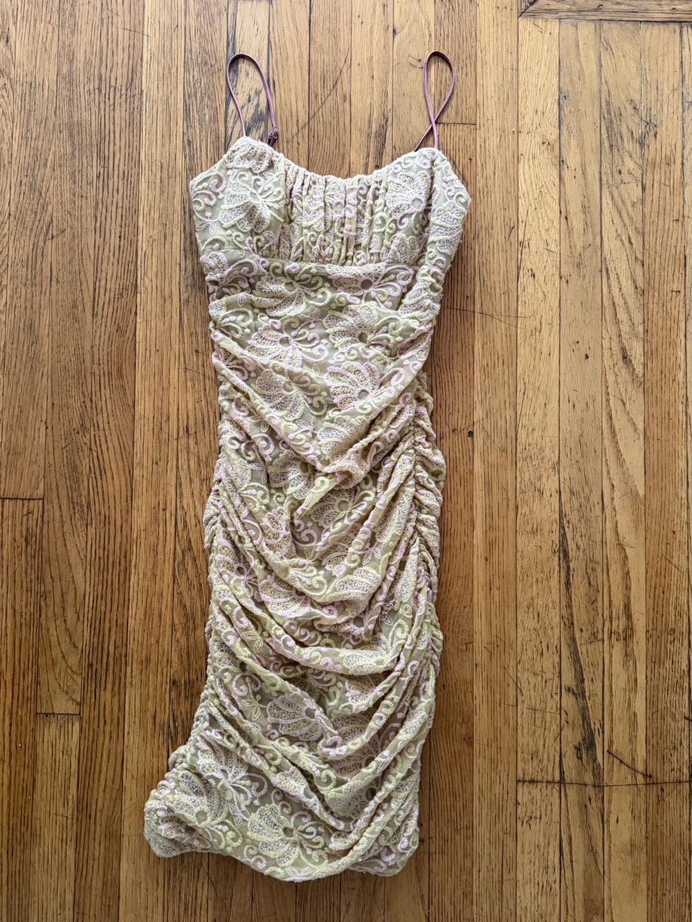 Vintage Betsey Johnson Pink and Green Ruched Lace Midi Party Dress